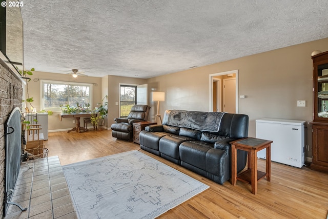 living room featuring a fireplace and light wood-type flooring