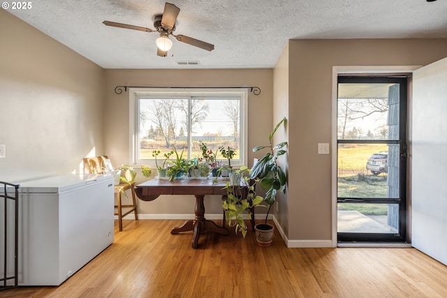 interior space featuring ceiling fan, a textured ceiling, and light hardwood / wood-style flooring