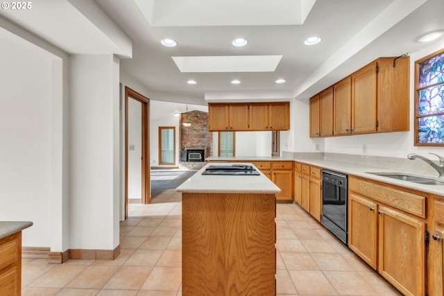 kitchen with light tile patterned flooring, a kitchen island, stainless steel gas stovetop, dishwasher, and sink