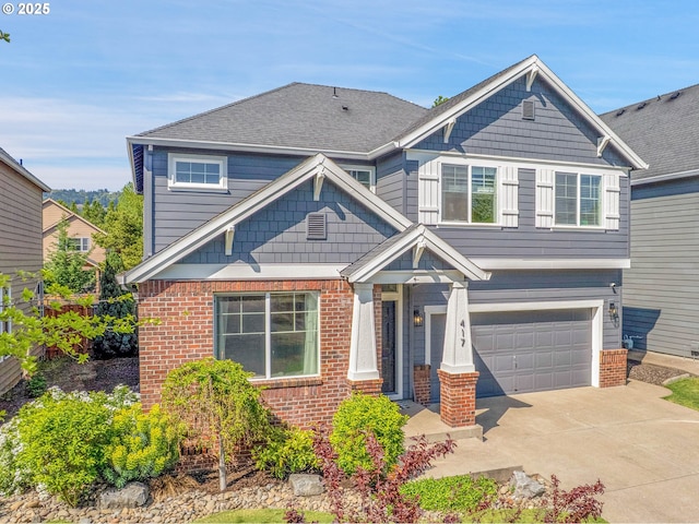 417 W Kemper Crest Dr, Newberg, OR 97132 - craftsman house featuring a garage, brick siding, concrete driveway, and roof with shingles