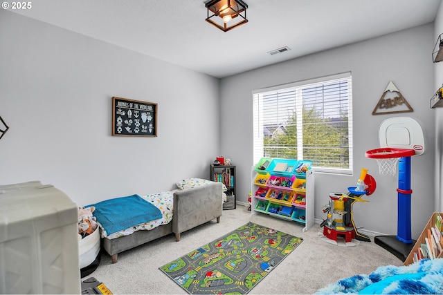 recreation room with visible vents and carpet