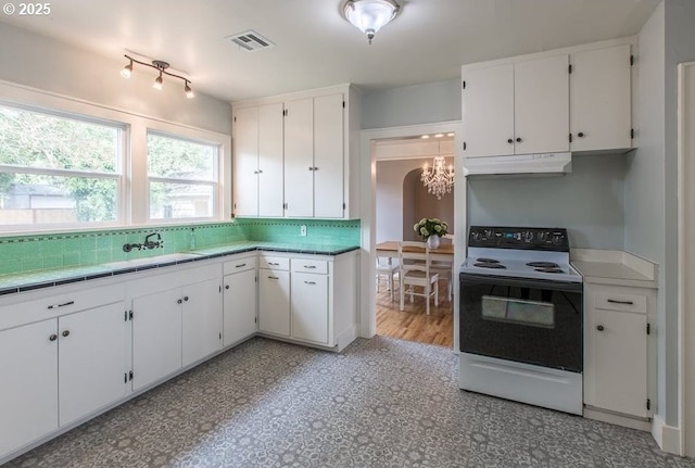 351 Juniper St, Junction City, OR 97448 - kitchen featuring visible vents, white cabinets, range with electric stovetop, and under cabinet range hood