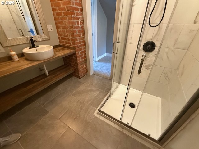 351 Juniper St, Junction City, OR 97448 - full bathroom with tile patterned floors, vanity, and a stall shower