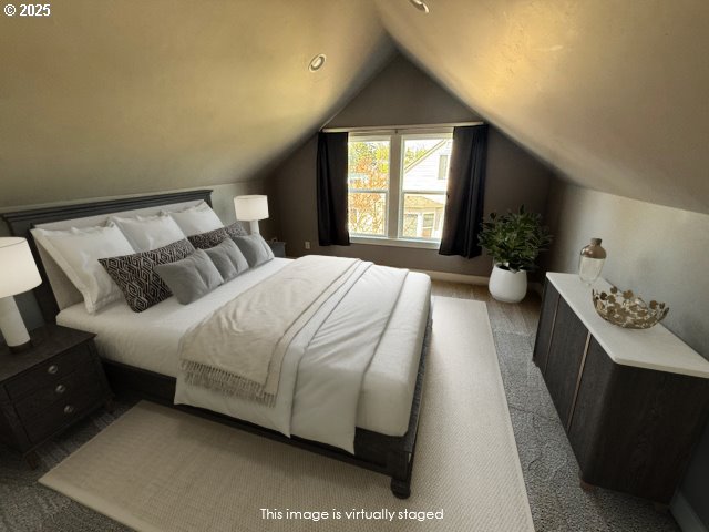 351 Juniper St, Junction City, OR 97448 - bedroom featuring lofted ceiling and carpet floors