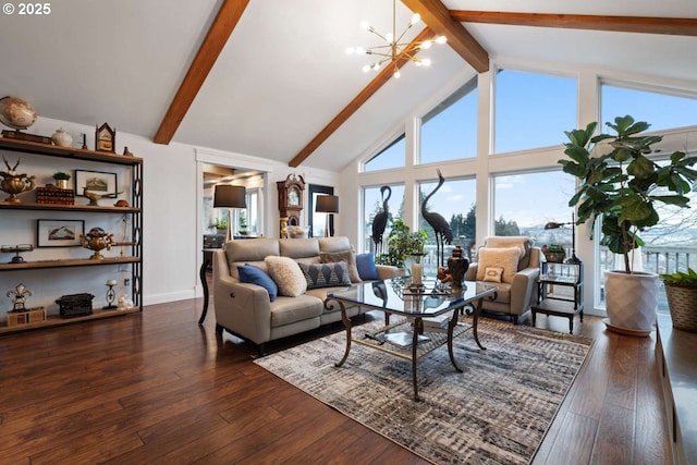 8014 SE Middle Way, Vancouver, WA 98664 - living room with beam ceiling, healthy amount of natural light, a chandelier, high vaulted ceiling, and wood-type flooring