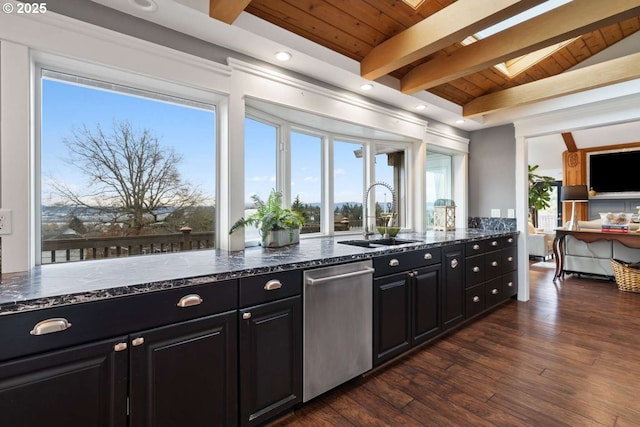 8014 SE Middle Way, Vancouver, WA 98664 - kitchen featuring dishwasher, dark cabinets, a wood ceiling with exposed beams, dark stone countertops, and dark wood-type flooring