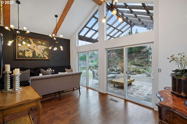 8014 SE Middle Way, Vancouver, WA 98664 - living area with beam ceiling, wood-type flooring, high vaulted ceiling, and a chandelier