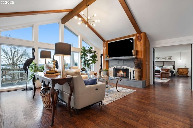 8014 SE Middle Way, Vancouver, WA 98664 - living area featuring a warm lit fireplace, beamed ceiling, dark wood-style floors, a chandelier, and high vaulted ceiling