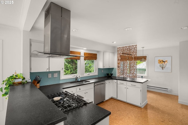 6945 SW 7th Ave, Portland, OR 97219 - kitchen with island exhaust hood, appliances with stainless steel finishes, a peninsula, dark countertops, and a baseboard radiator