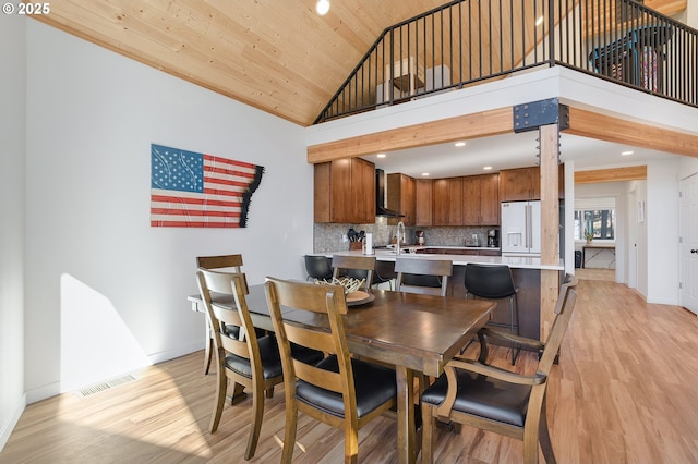 dining area with baseboards, visible vents, wooden ceiling, light wood-type flooring, and high vaulted ceiling