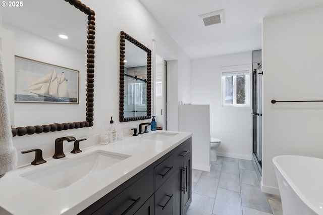 full bath featuring a stall shower, visible vents, a sink, and toilet