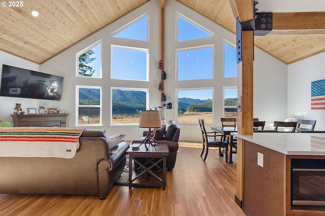 living room featuring a wealth of natural light, wood ceiling, a mountain view, and wood finished floors