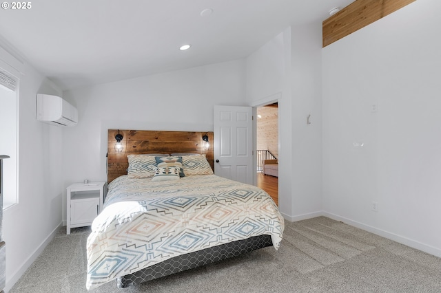 bedroom with lofted ceiling, an AC wall unit, carpet floors, and baseboards