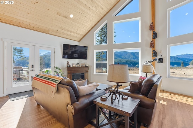 living room featuring wooden ceiling, a healthy amount of sunlight, a fireplace, and wood finished floors