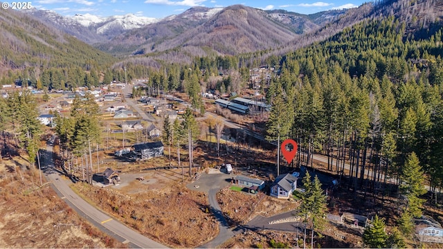 drone / aerial view featuring a forest view and a mountain view