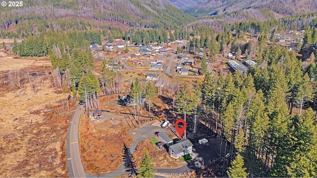 aerial view with a mountain view and a wooded view