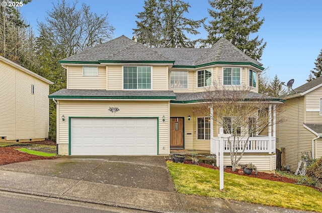 16371 SW Horseshoe Way, Beaverton, OR 97007 - view of front of property with a garage, concrete driveway, a porch, a front yard, and roof with shingles