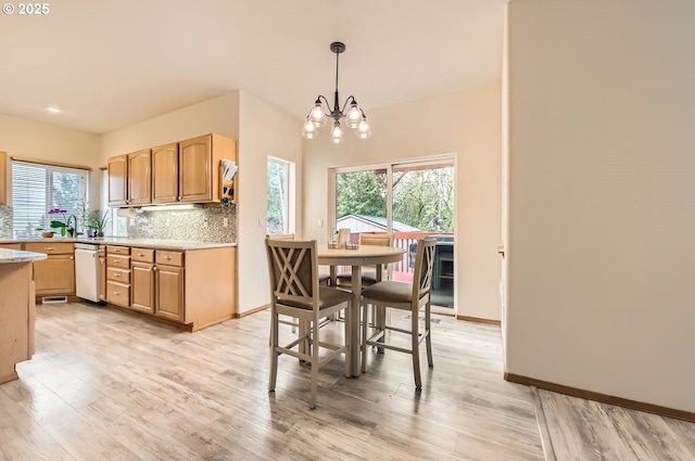 16371 SW Horseshoe Way, Beaverton, OR 97007 - kitchen featuring dishwasher, a chandelier, tasteful backsplash, light wood-style floors, and healthy amount of natural light