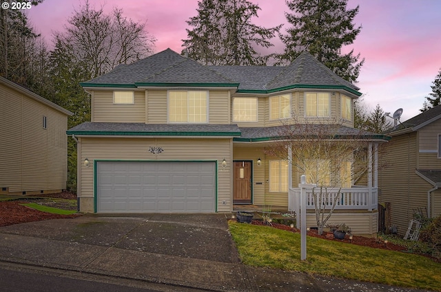 16371 SW Horseshoe Way, Beaverton, OR 97007 - view of front of home with driveway, a garage, a porch, a front lawn, and roof with shingles