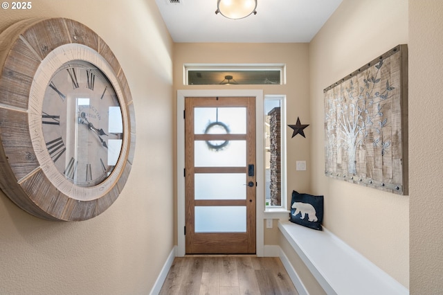 foyer entrance featuring a healthy amount of sunlight, light wood-style floors, and baseboards