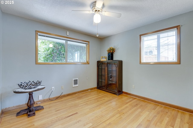 interior space featuring ceiling fan, a healthy amount of sunlight, a textured ceiling, and light hardwood / wood-style flooring