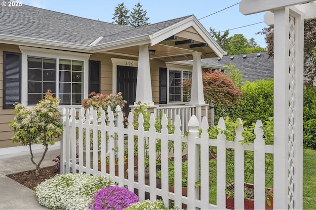 property entrance featuring a shingled roof and covered porch