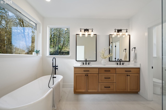 full bathroom featuring a freestanding bath, double vanity, a sink, and toilet