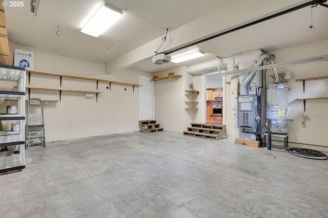 garage featuring a garage door opener, water heater, and heating unit