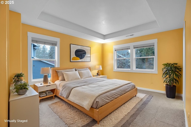 carpeted bedroom with baseboards, visible vents, and a raised ceiling