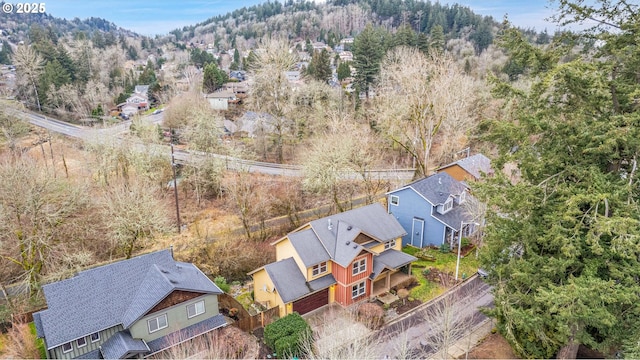 birds eye view of property with a residential view and a view of trees