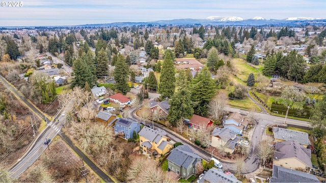 drone / aerial view featuring a residential view and a mountain view