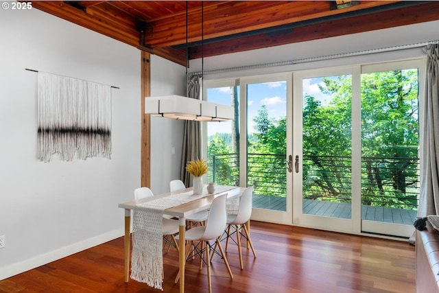 4183 SW Greenleaf Dr, Portland, OR 97221 - dining room with dark wood-style floors, wooden ceiling with exposed beams, and baseboards