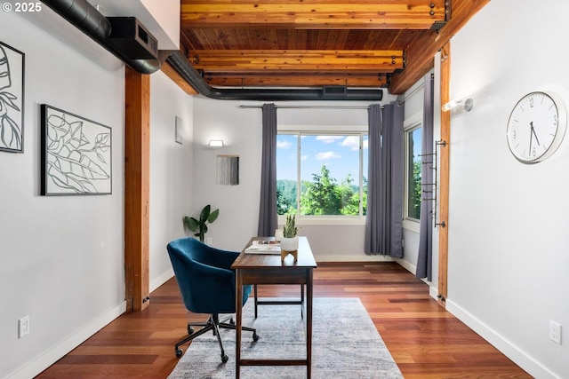 4183 SW Greenleaf Dr, Portland, OR 97221 - office area featuring wood ceiling with exposed beams, wood finished floors, and baseboards