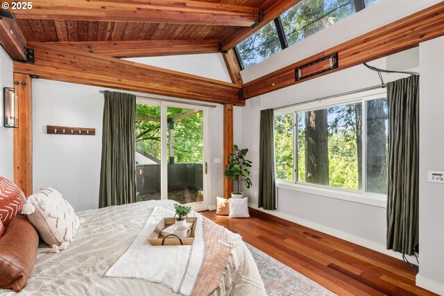 4183 SW Greenleaf Dr, Portland, OR 97221 - bedroom with wood ceiling, access to outside, wood finished floors, and baseboards