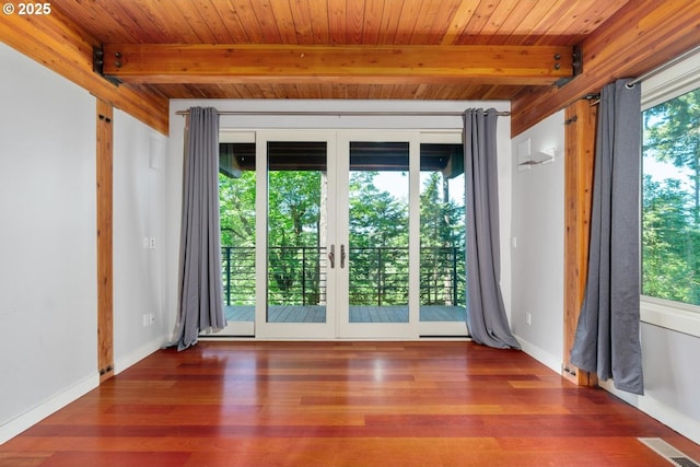 4183 SW Greenleaf Dr, Portland, OR 97221 - empty room with healthy amount of natural light, wood ceiling with exposed beams, wood finished floors, and baseboards