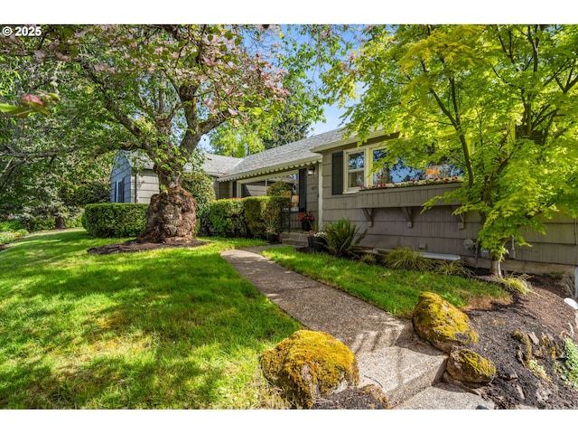 view of front of property featuring roof with shingles and a front yard