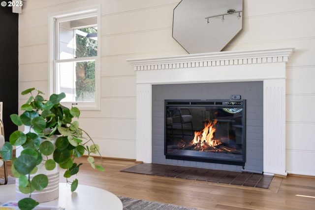 8075 SW Valley View Ct, Portland, OR 97225 - living area featuring wood finished floors, a glass covered fireplace, and rail lighting