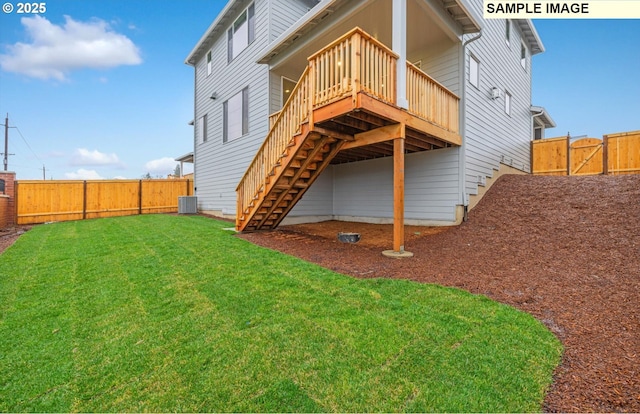 rear view of house with stairs, central AC, a deck, and a gate
