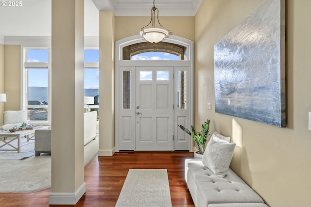 entryway featuring dark wood-type flooring and crown molding