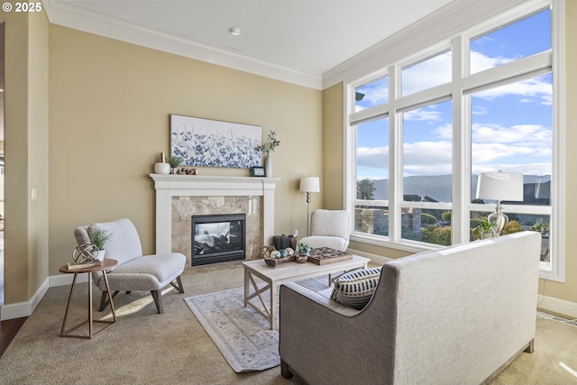 living room with ornamental molding