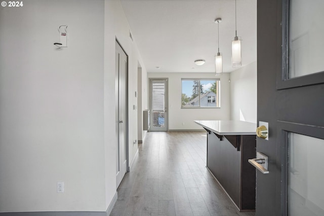 hallway with hardwood / wood-style flooring