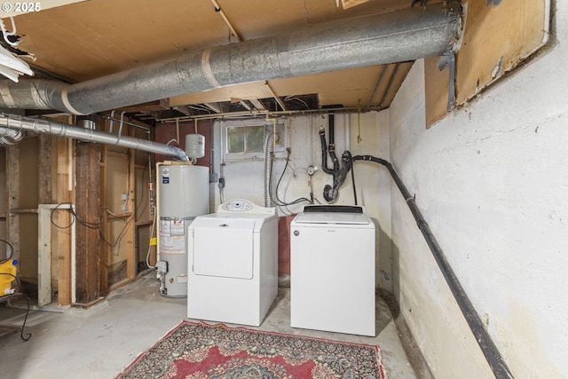 laundry room featuring water heater and separate washer and dryer