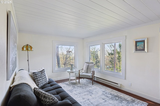 interior space featuring baseboard heating and wood-type flooring