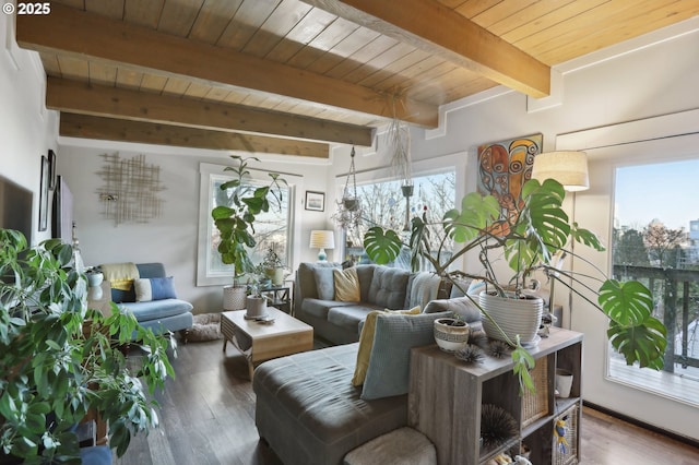 living room with dark hardwood / wood-style flooring, beam ceiling, and wooden ceiling