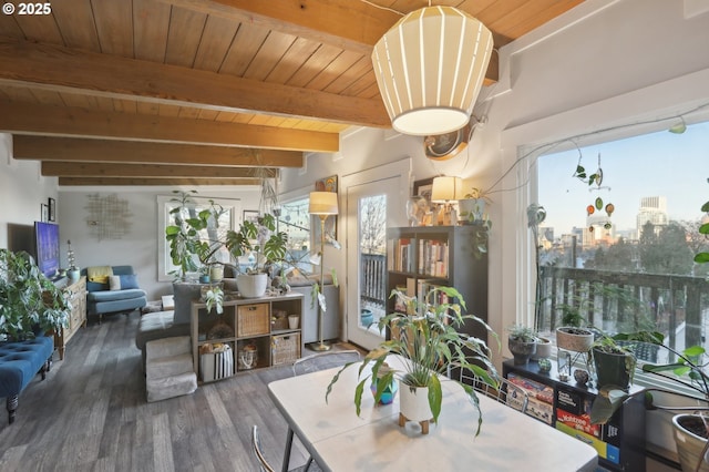 dining space featuring hardwood / wood-style flooring, wooden ceiling, and beamed ceiling