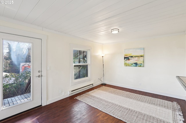 interior space featuring a baseboard heating unit, wood ceiling, and dark hardwood / wood-style floors