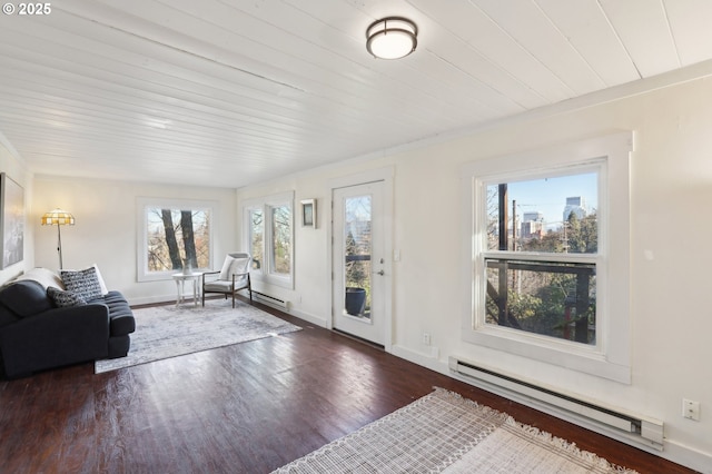 unfurnished living room with a baseboard radiator and dark hardwood / wood-style floors