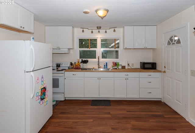 166 Iowa St, Eugene, OR 97402 - kitchen featuring white appliances, wood counters, exhaust hood, and white cabinetry