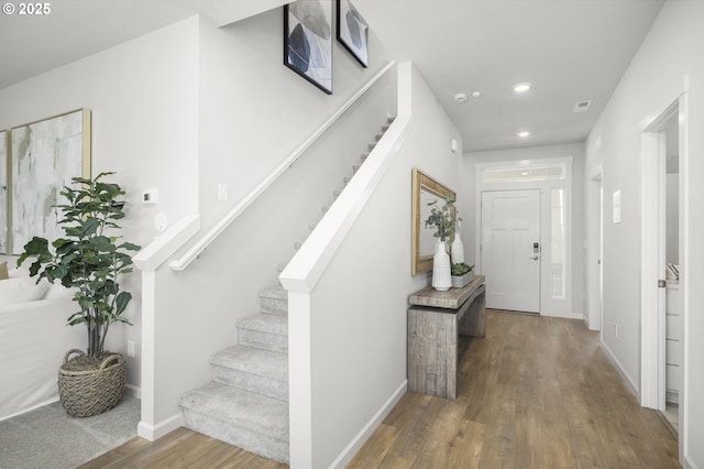 5603 Edward Ct SE, Albany, OR 97322 - entrance foyer with wood finished floors, stairs, and recessed lighting