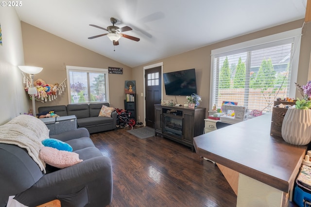 1727 E Washington Ave, Cottage Grove, OR 97424 - living area with vaulted ceiling, a ceiling fan, and dark wood-type flooring
